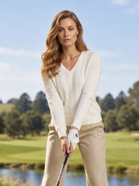 IZOD Golf White Cable Knit V-Neck Sweater - Size L